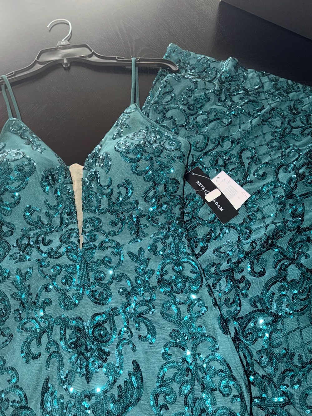 Betsy & Adam Teal Sequined Two-Piece Prom Dress